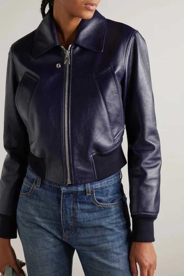 Navy Blue Original Leather Bomber Jacket Premium Classic Biker Style