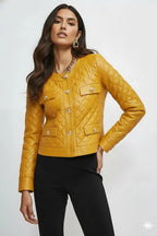 Women's Mustard Yellow Original Quilted Leather Jacket - Premium Collarless Moto Style – bomber jacket, front view – Kamercio