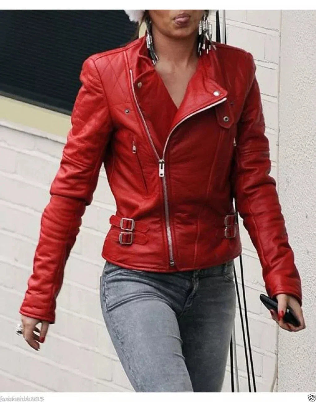 Women's Original Red Leather Quilted Premium Moto Jacket