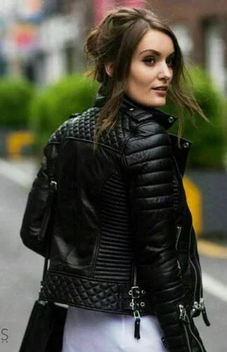 Women's Quilted Leather Biker Jacket - Premium Full-Grain Black Leather