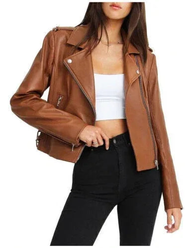 Women's Tan Original Leather Biker Jacket - Premium Cognac Brown Moto Style