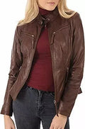Brown Original Leather Moto Jacket - Women's Premium Full-Grain Leather Biker Jacket – bomber jacket, front view – Kamercio