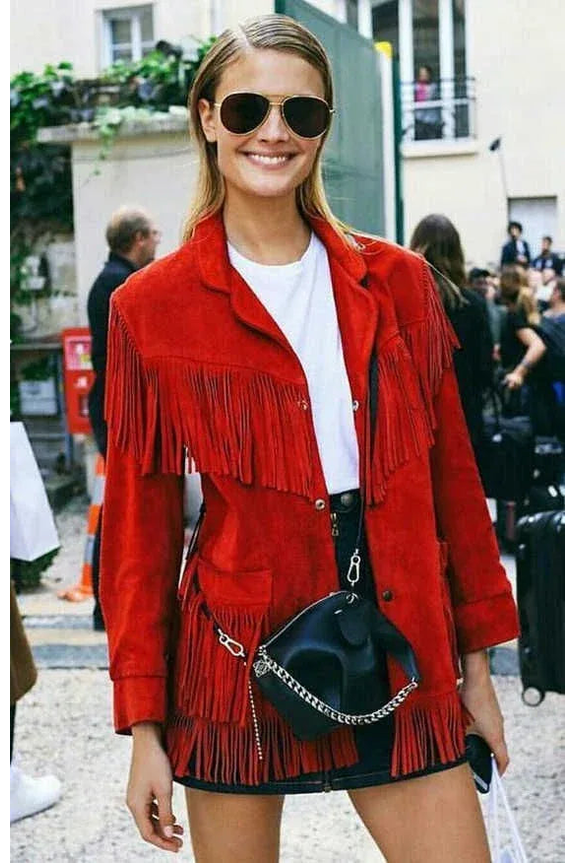 Red Suede Leather Original Fringe Jacket - Women's Premium Full-Grain Leather Western Jacket