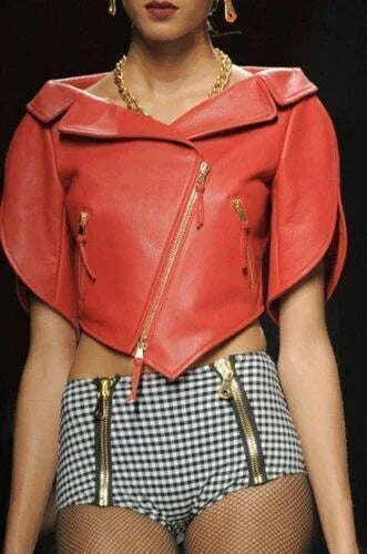 Coral Leather Original Moto Jacket with Cape Sleeves - Women's Premium Full-Grain Leather