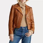Caramel Tan Original Leather Moto Jacket with Epaulettes - Women's Premium Full-Grain Leather Biker – front view – Kamercio