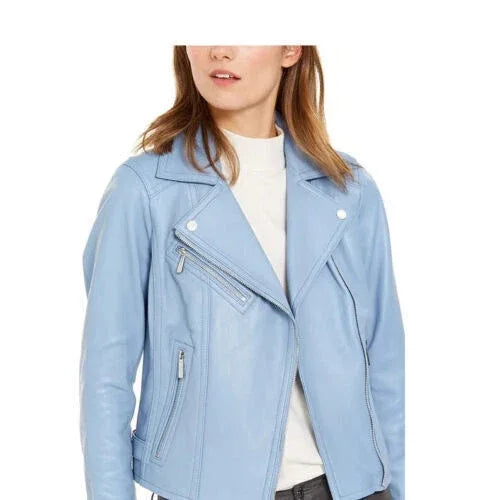 Powder Blue Original Leather Moto Jacket - Women's Premium Full-Grain Leather Biker Jacket