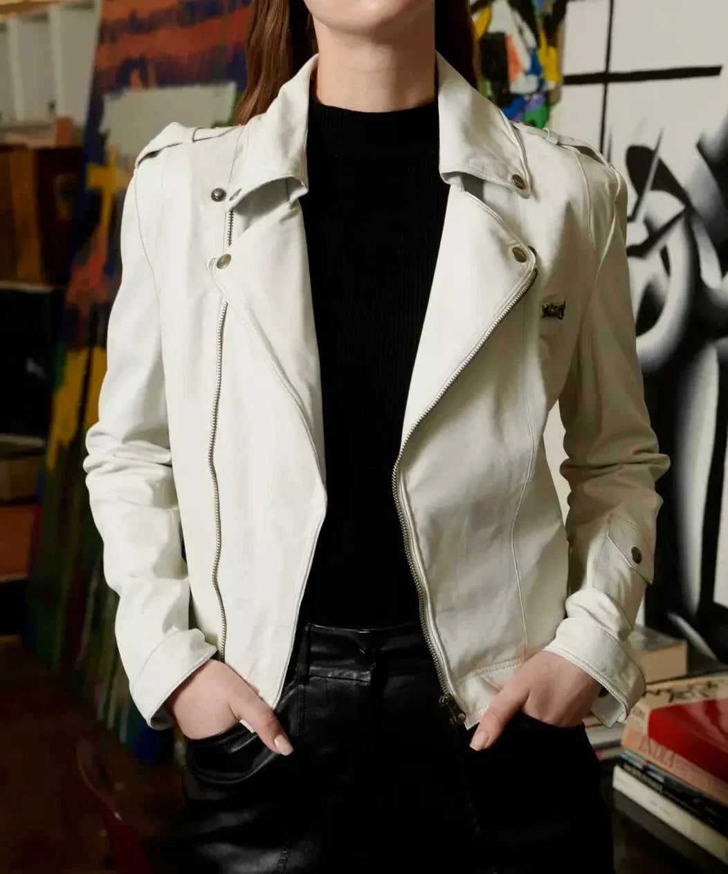 White Original Leather Moto Jacket Premium Women's Jacket