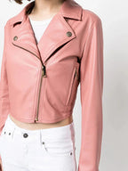 Women's Blush Pink Cropped Original Leather Jacket - Premium Moto Biker Style – bomber jacket, front view – Kamercio