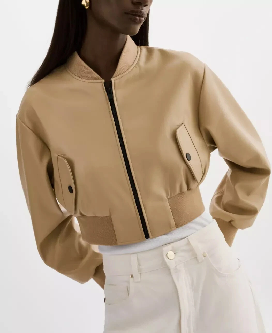 Women's Beige Original Leather Bomber Jacket - Premium Cropped Flight Style