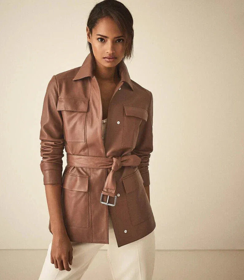 Women's Taupe Original Leather Shirt Jacket - Premium Belted Utility Style