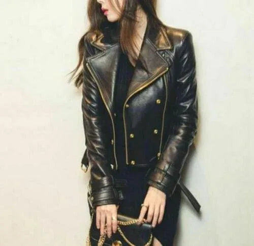 Women's Black Original Leather Biker Jacket with Gold Hardware - Premium Double-Breasted Moto