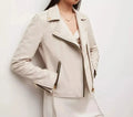 Cream Beige Original Leather Moto Jacket - Women's Premium Full-Grain Leather Biker Jacket – front view – Kamercio