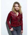 Burgundy Original Leather Belted Moto Jacket - Women's Premium Full-Grain Leather Biker Jacket – front view – Kamercio