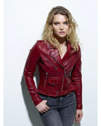 Burgundy Original Leather Belted Moto Jacket - Women's Premium Full-Grain Leather Biker Jacket – front view – Kamercio