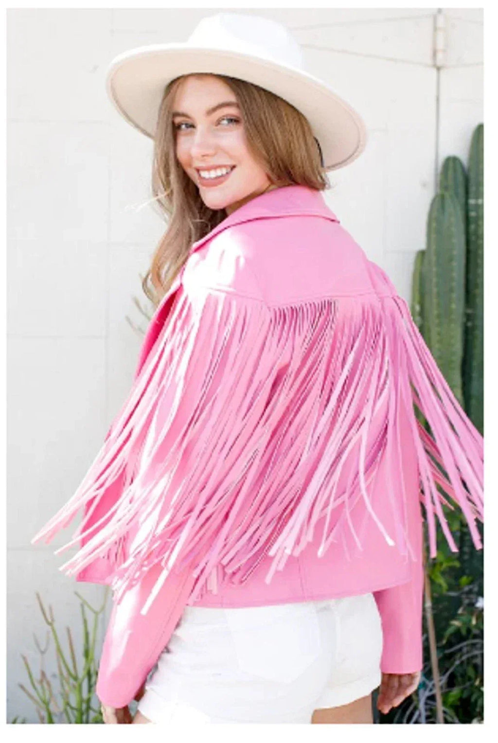 Pink Leather Fringe Western Jacket - Women's Premium Full-Grain Leather Jacket