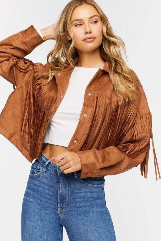 Tan Cognac Original Fringe Suede Jacket - Women's Premium Full-Grain Leather Western Jacket