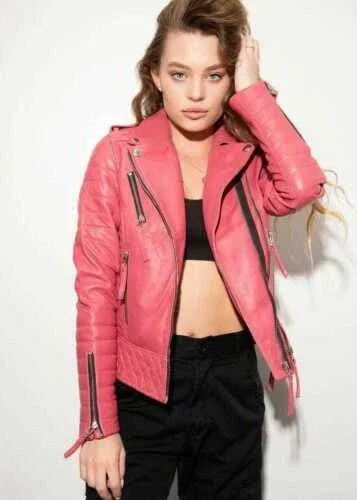 Pink Leather Moto Original Jacket - Women's Premium Full-Grain Leather Biker Jacket