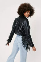 Black Original Leather Cropped Moto Jacket with Back Fringe - Women's Premium Full-Grain Leather – front view – Kamercio