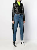Black OriginalLeather Cropped Moto Jacket with Long Fringe Tails - Women's Premium Full-Grain Leather – front view – Kamercio