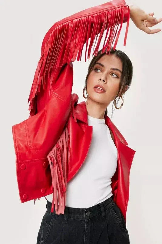 Women's Red Original Leather Fringe Jacket - Premium Western Moto Style