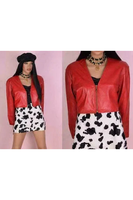 Red Cropped Original Leather Bomber Jacket - Women's Premium Full-Grain Leather Jacket