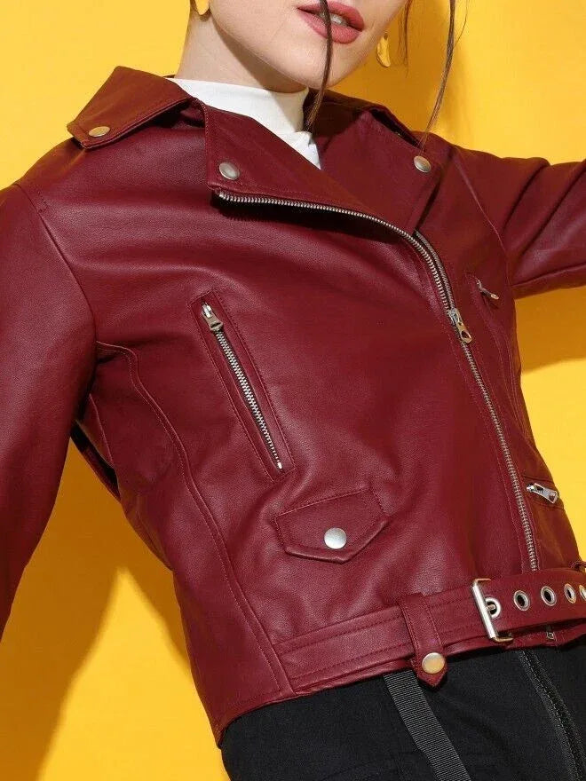 Women's Original Burgundy Leather Biker Jacket - Premium Wine Red Moto Style