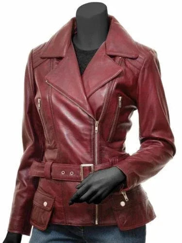 Premium Burgundy Leather Original Biker Jacket - Full-Grain Belted Moto Jacket