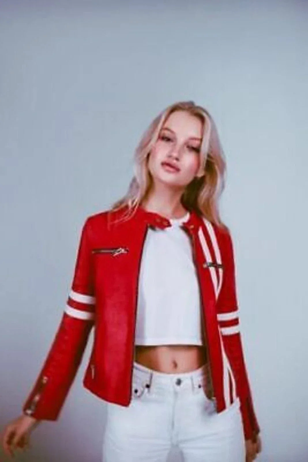 Red Leather Original Varsity Jacket White Stripes - Women's Premium Full-Grain Leather