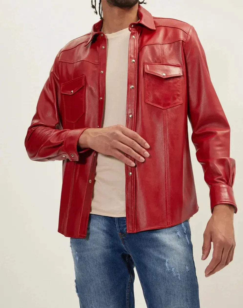 Red Leather Shirt - Premium Full-Grain Leather Shirt for Men