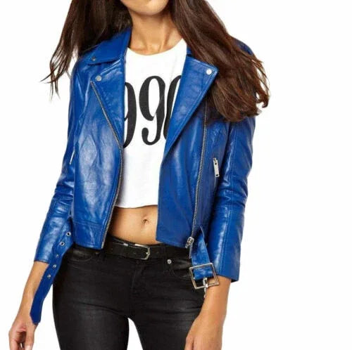 Electric Blue Leather Original Moto Jacket - Women's Premium Full-Grain Leather Biker Jacket