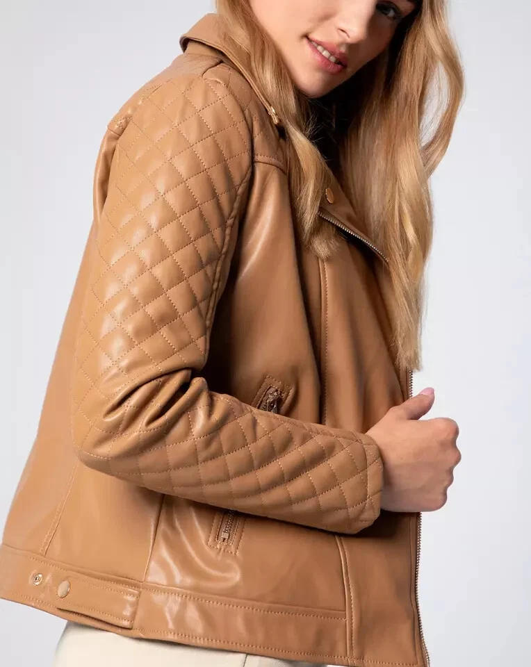 Women's Camel Quilted Original Leather Jacket - Premium Diamond-Stitched Moto Style