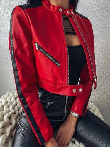 Women's Original Red & Black Leather Biker Jacket - Premium Two-Tone Moto Style