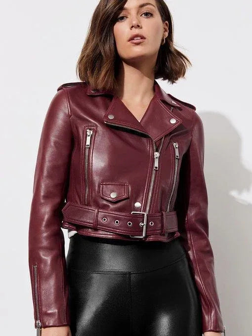 Oxblood Leather Original Cropped Belted Moto Jacket - Women's Premium Full-Grain Leather Biker Jacket