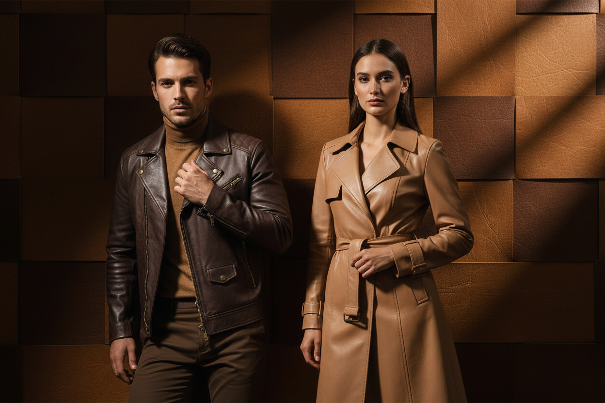 Kamercio Man and Woman in Leather Jackets Banner