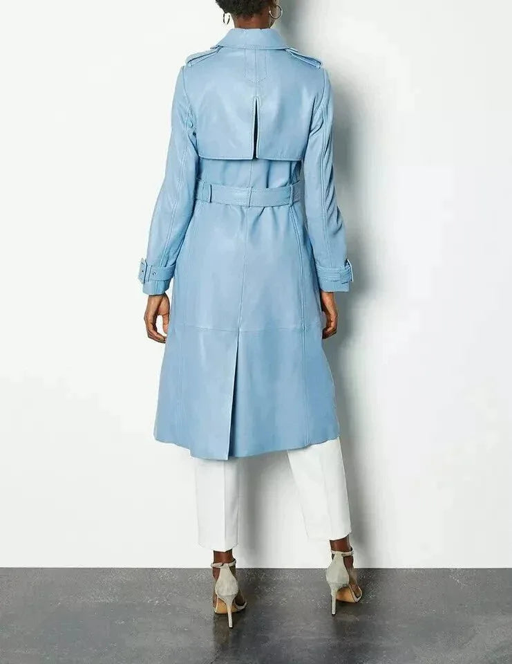 Light Blue Original Leather Trench Coat - Belted Double - Breasted Premium Coat for Women - Kamercio