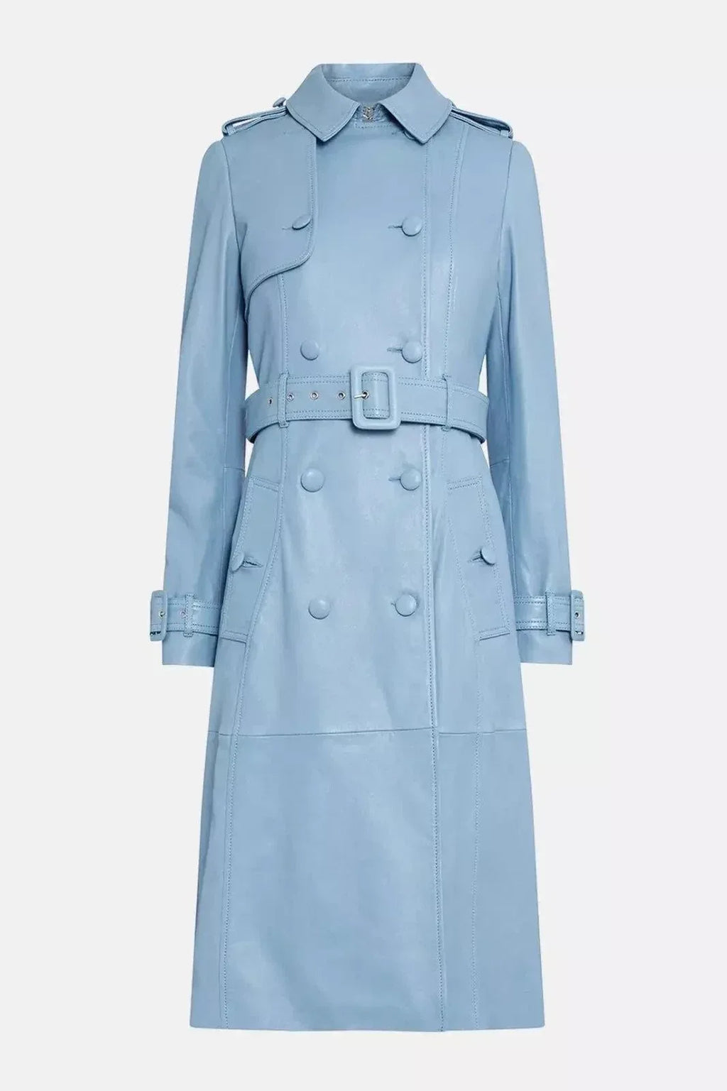 Light Blue Original Leather Trench Coat - Belted Double - Breasted Premium Coat for Women - Kamercio