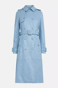 Light Blue Original Leather Trench Coat - Belted Double - Breasted Premium Coat for Women - Kamercio