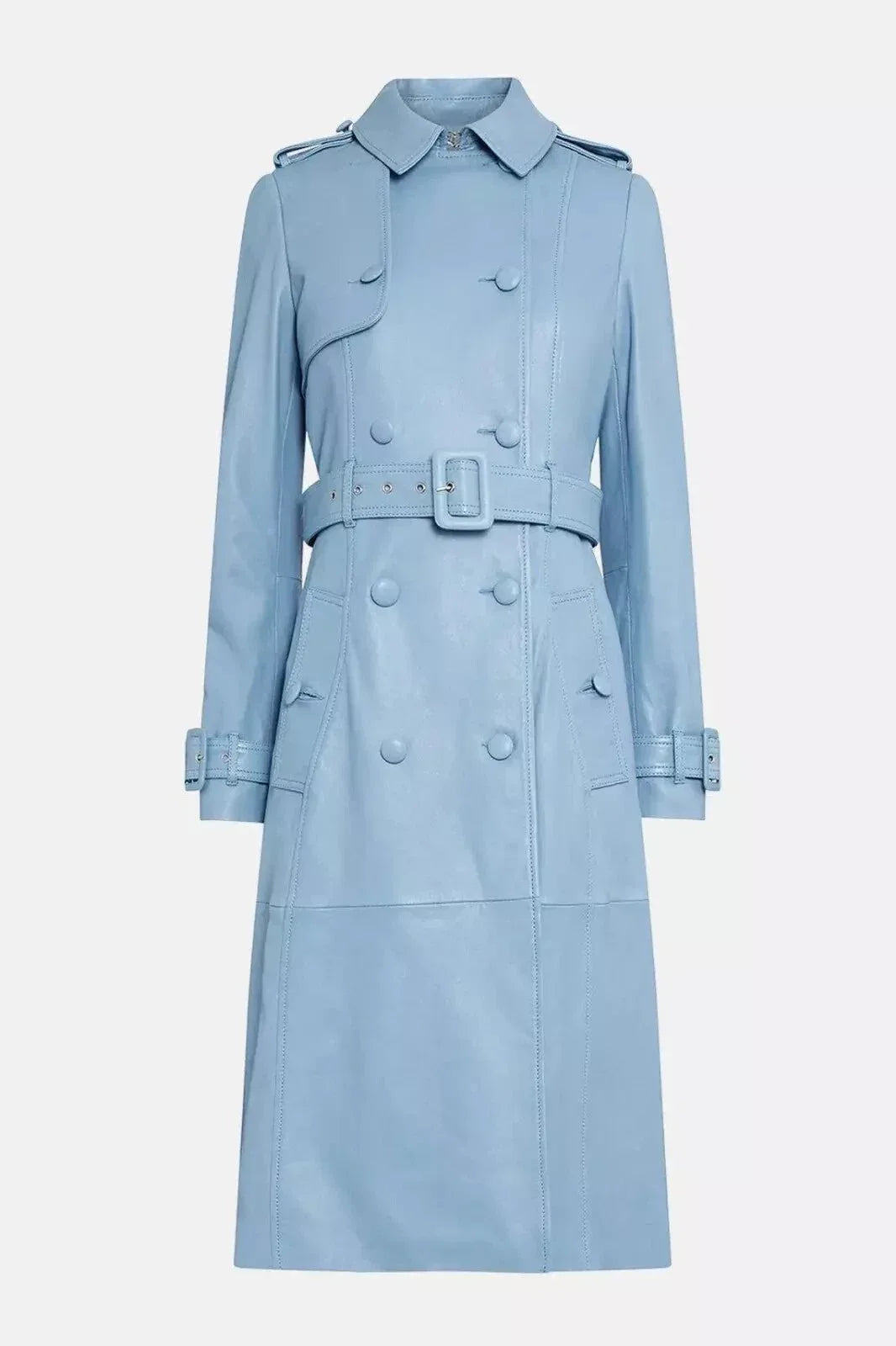 Light Blue Original Leather Trench Coat - Belted Double - Breasted Premium Coat for Women - Kamercio