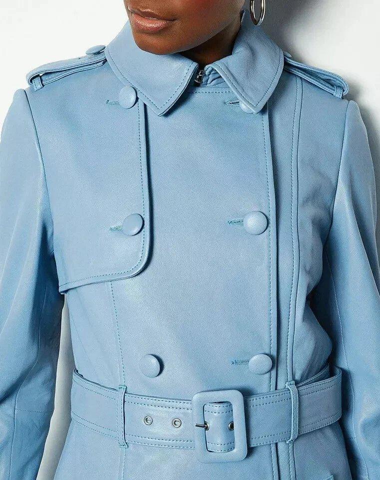 Light Blue Original Leather Trench Coat - Belted Double - Breasted Premium Coat for Women - Kamercio