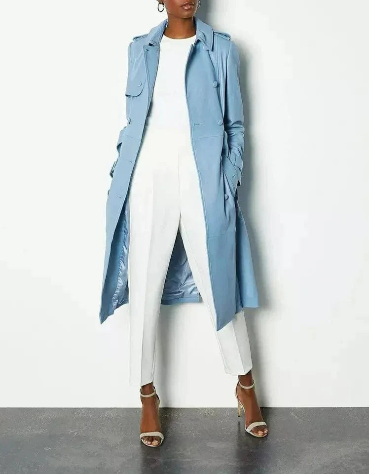 Light Blue Original Leather Trench Coat - Belted Double - Breasted Premium Coat for Women - Kamercio