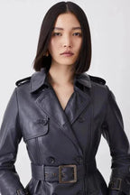 Navy Original Leather Trench Coat - Classic Belted Double - Breasted Premium Coat for Women - Kamercio