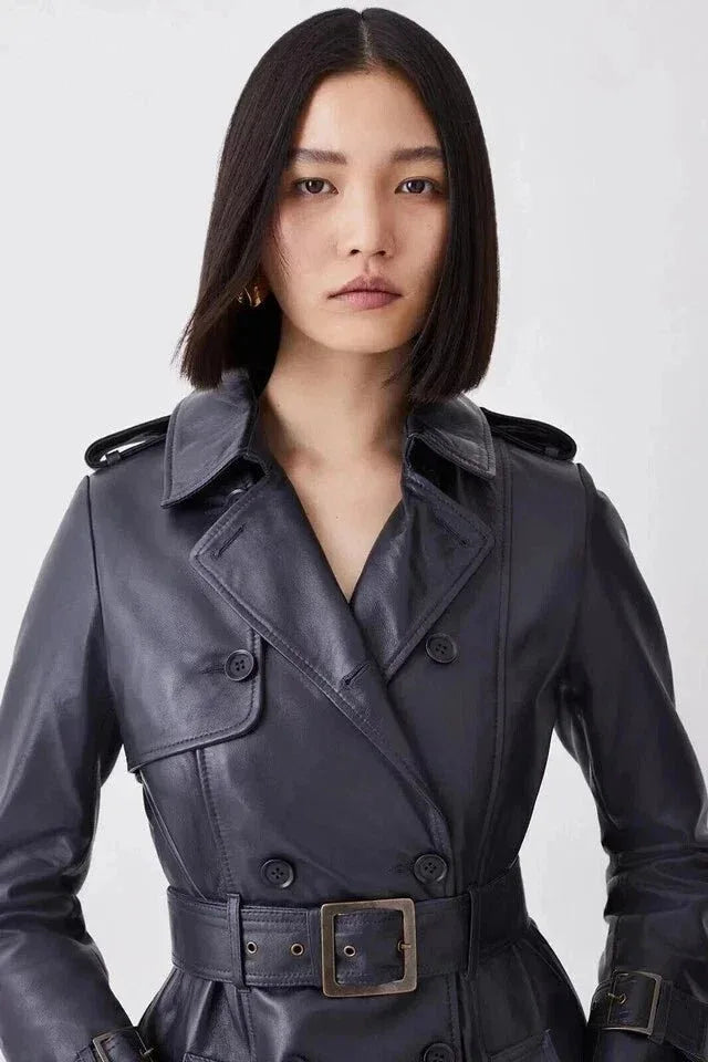 Navy Original Leather Trench Coat - Classic Belted Double - Breasted Premium Coat for Women - Kamercio