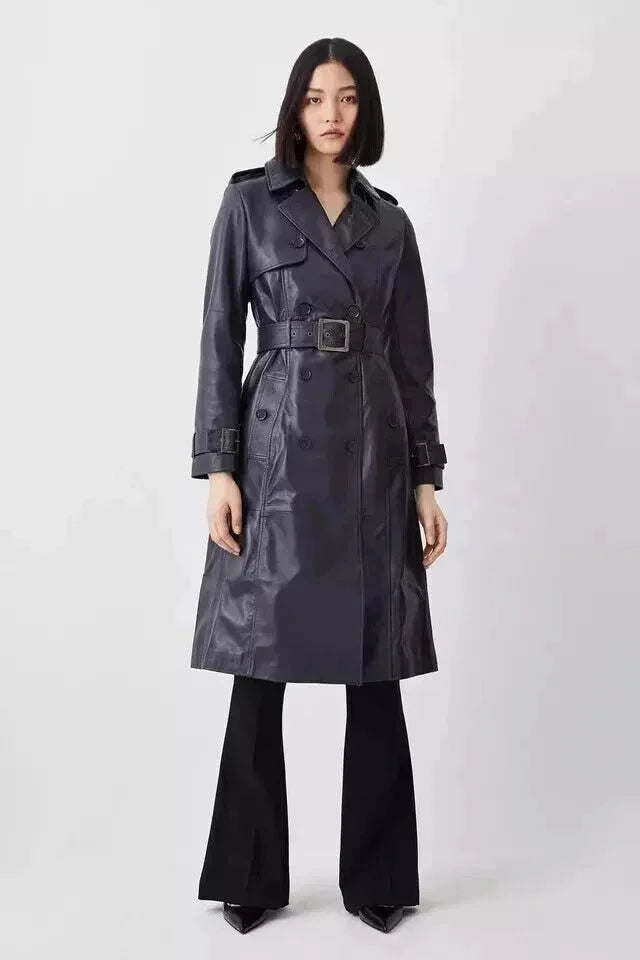 Navy Original Leather Trench Coat - Classic Belted Double - Breasted Premium Coat for Women - Kamercio