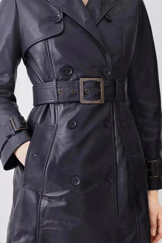 Navy Original Leather Trench Coat - Classic Belted Double - Breasted Premium Coat for Women - Kamercio