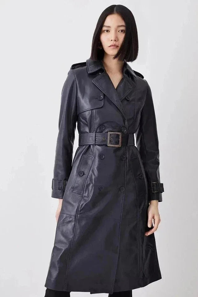 Navy Original Leather Trench Coat - Classic Belted Double - Breasted Premium Coat for Women - Kamercio