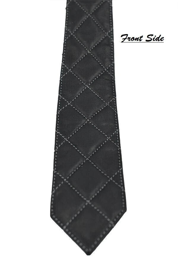 Premium Black Quilted Original Leather Necktie with Contrast Stitching - Kamercio