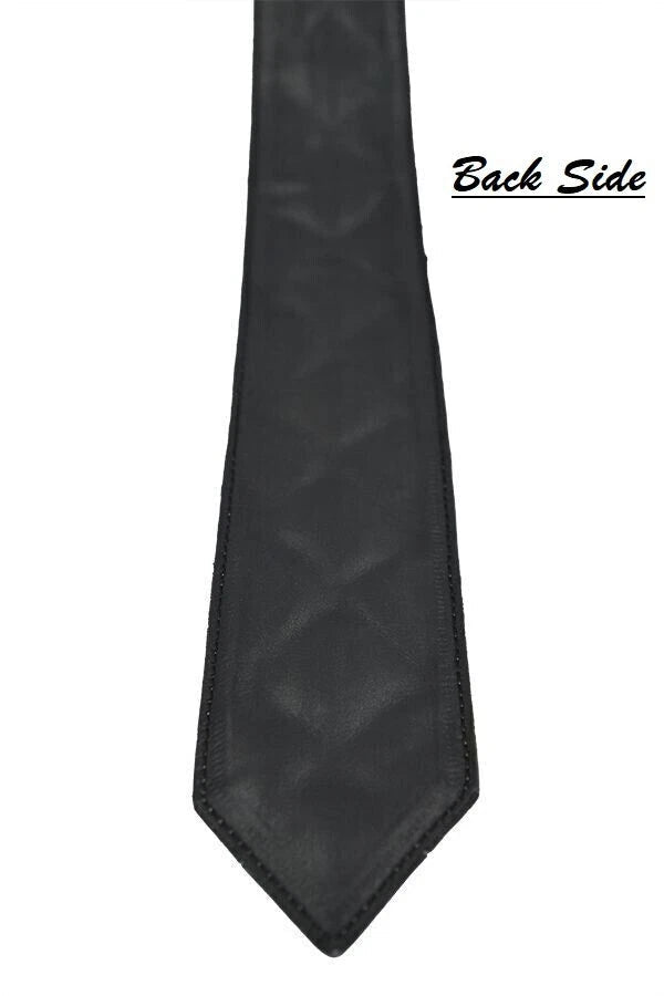 Premium Black Quilted Original Leather Necktie with Contrast Stitching - Kamercio