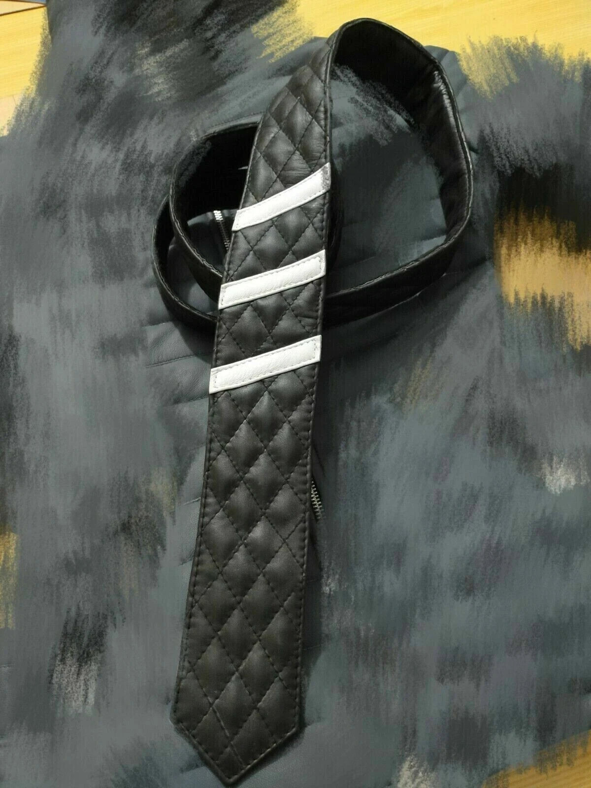 Premium Black Quilted Original Leather Necktie with White Racing Stripes - Kamercio
