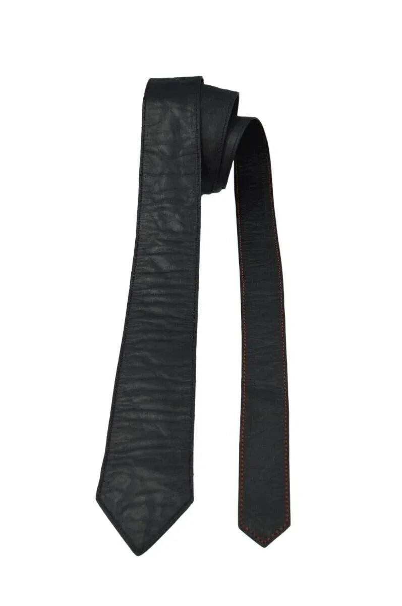 Premium Black Textured Leather Necktie - Full - Grain Original Leather Statement Accessory - Kamercio