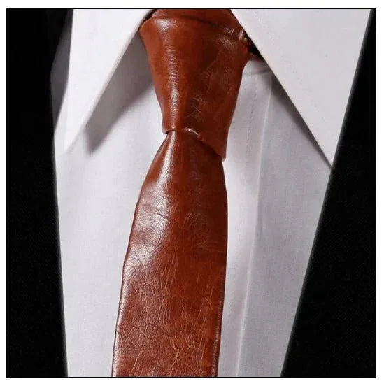 Premium Brown Leather Necktie - Full - Grain Leather Statement Accessory - Kamercio